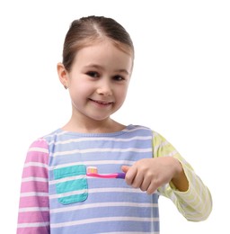 Photo of Cute girl with toothbrush on white background