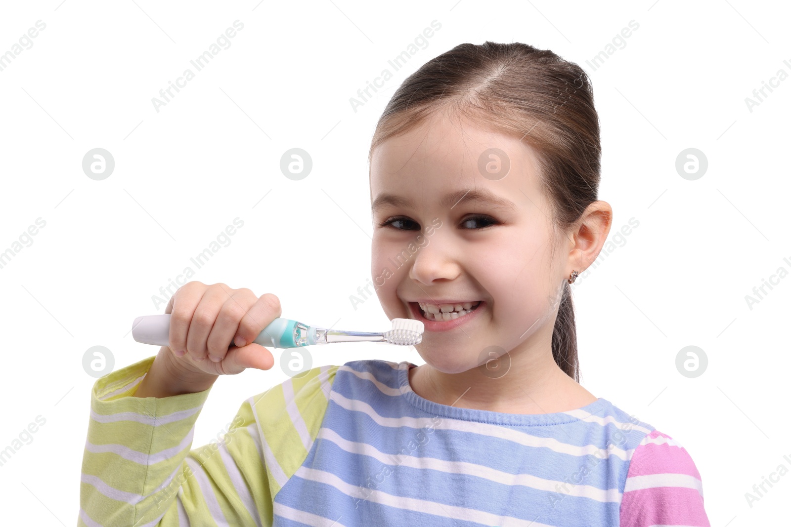 Photo of Cute girl brushing her teeth on white background