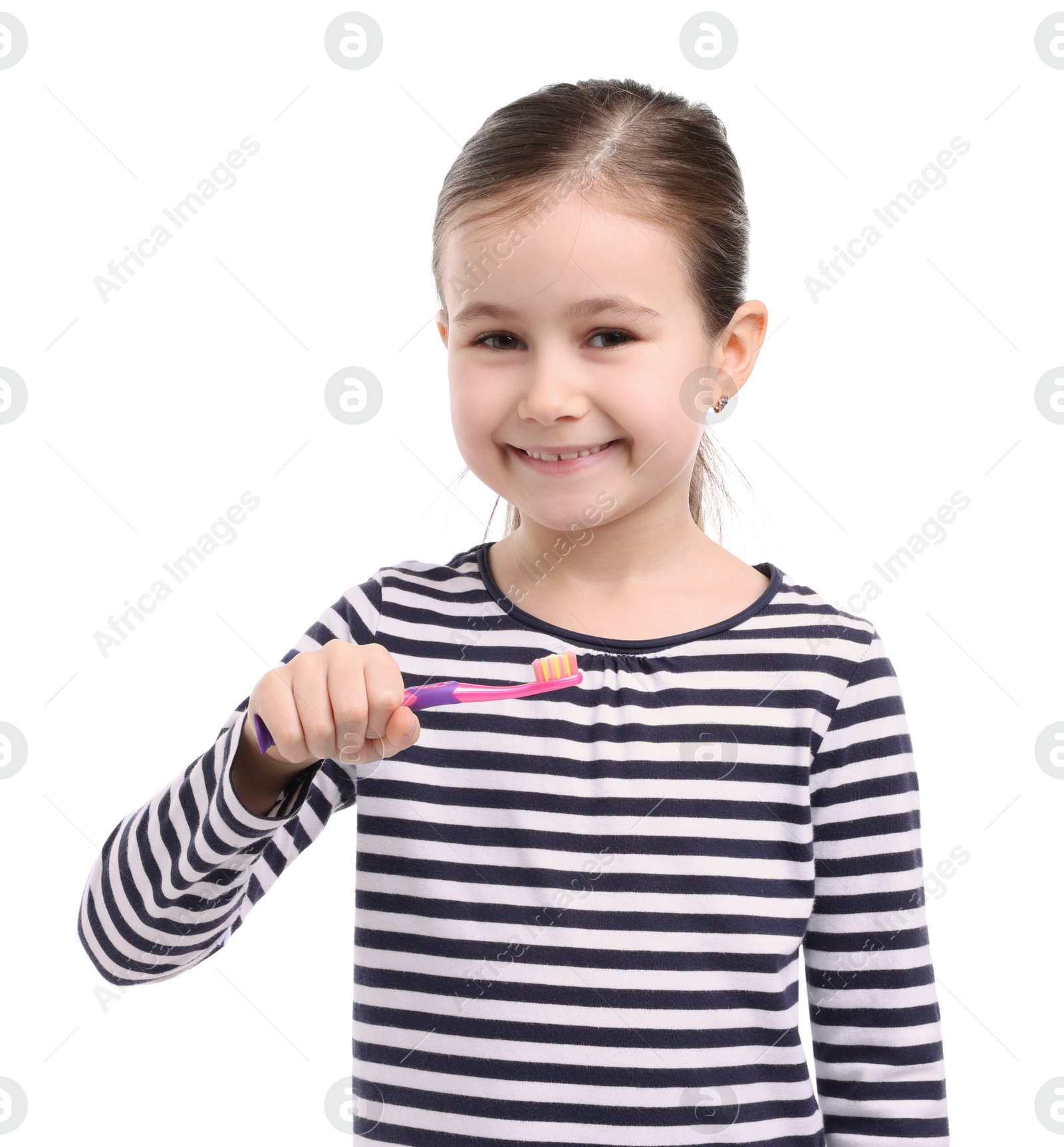 Photo of Cute girl with toothbrush on white background