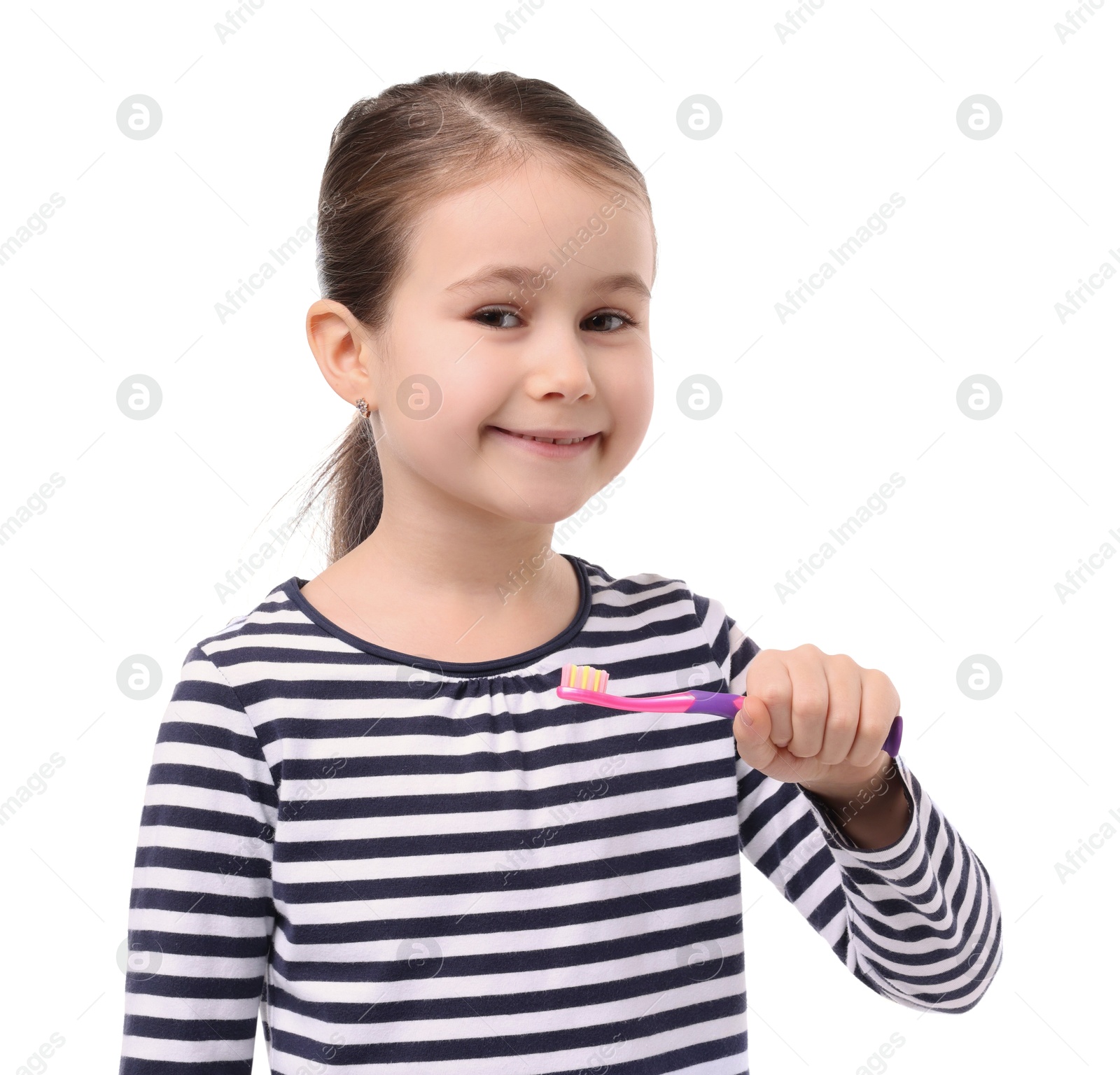 Photo of Cute girl with toothbrush on white background