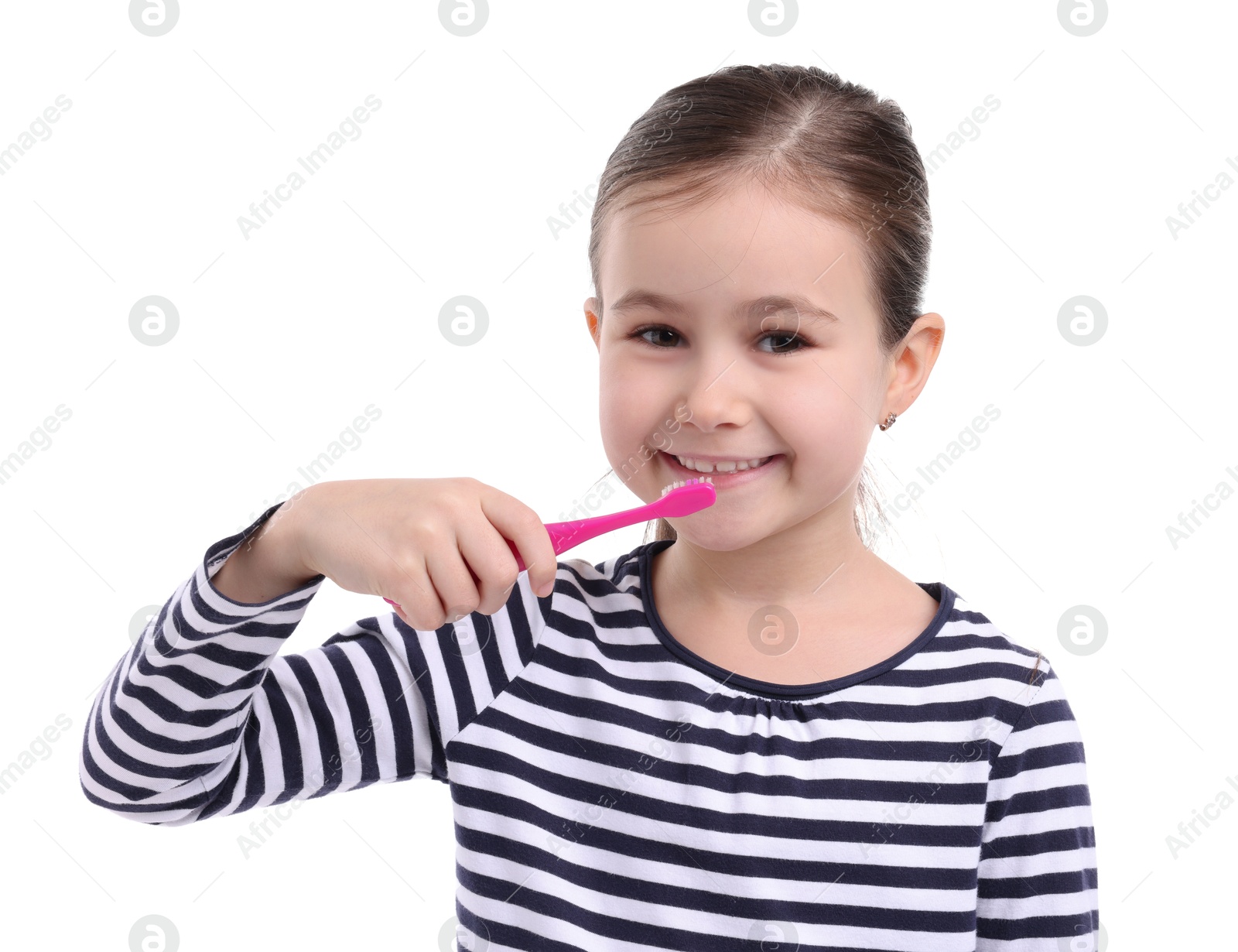 Photo of Cute girl brushing her teeth on white background