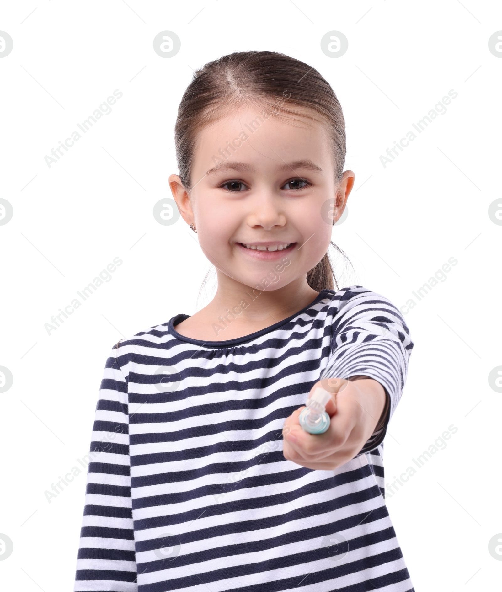 Photo of Cute girl with toothbrush on white background