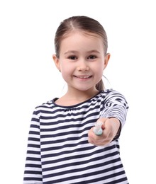 Photo of Cute girl with toothbrush on white background