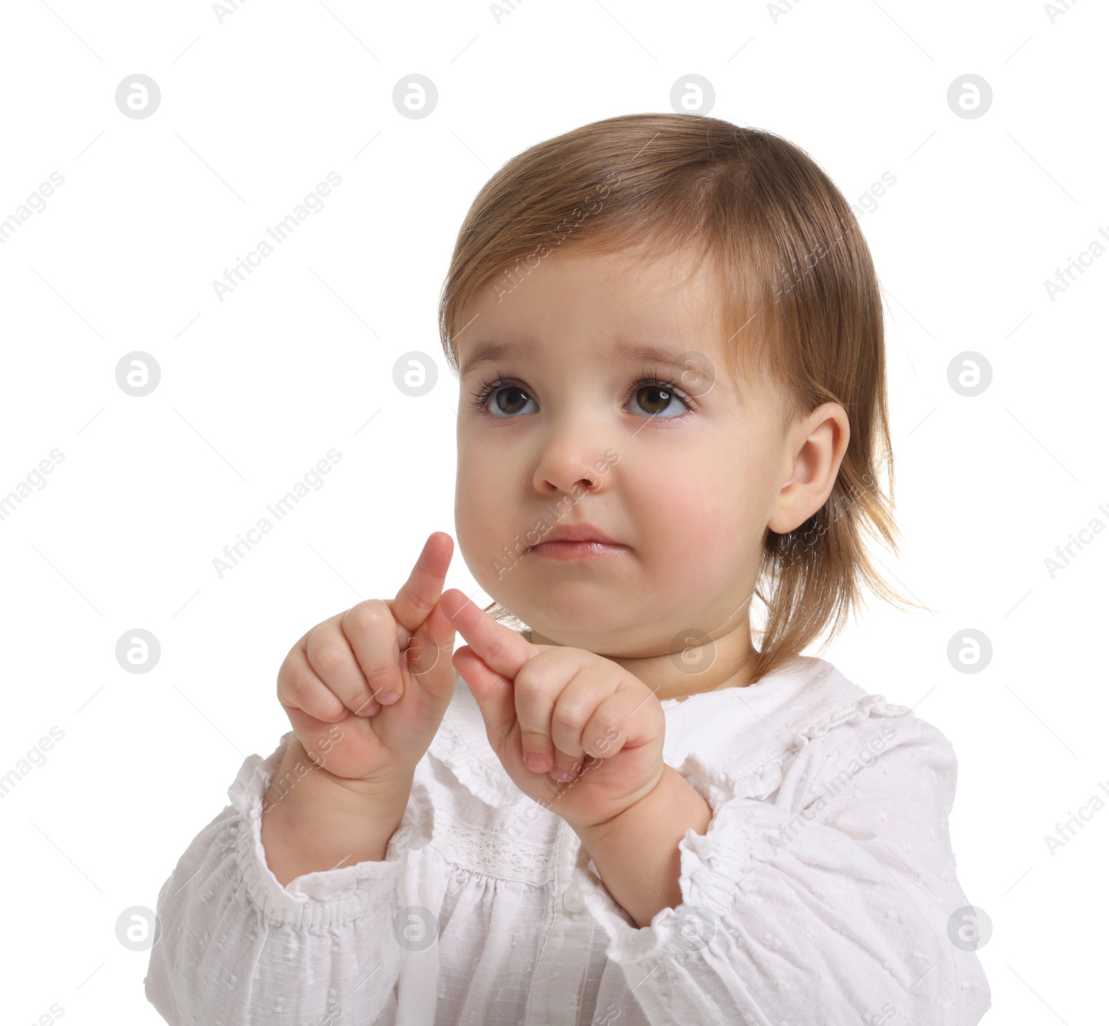 Photo of Cute little baby girl on white background