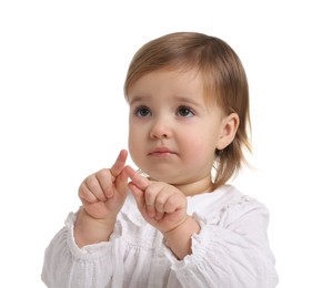 Photo of Cute little baby girl on white background