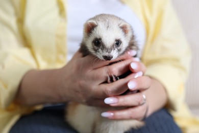 Photo of Woman with cute ferret, closeup. Domestic pet