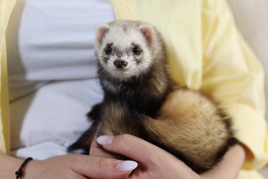 Photo of Woman with cute ferret, closeup. Domestic pet