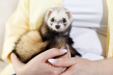 Photo of Woman with cute ferret, closeup. Domestic pet