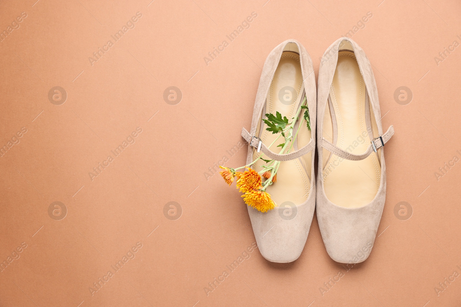 Photo of Pair of ballet flats and flowers on beige background, top view. Space for text