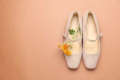 Photo of Pair of ballet flats and flowers on beige background, top view. Space for text