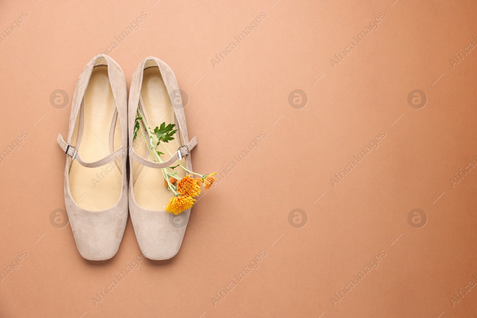 Photo of Pair of ballet flats and flowers on beige background, top view. Space for text