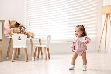 Photo of First steps. Cute little baby learning to walk at home