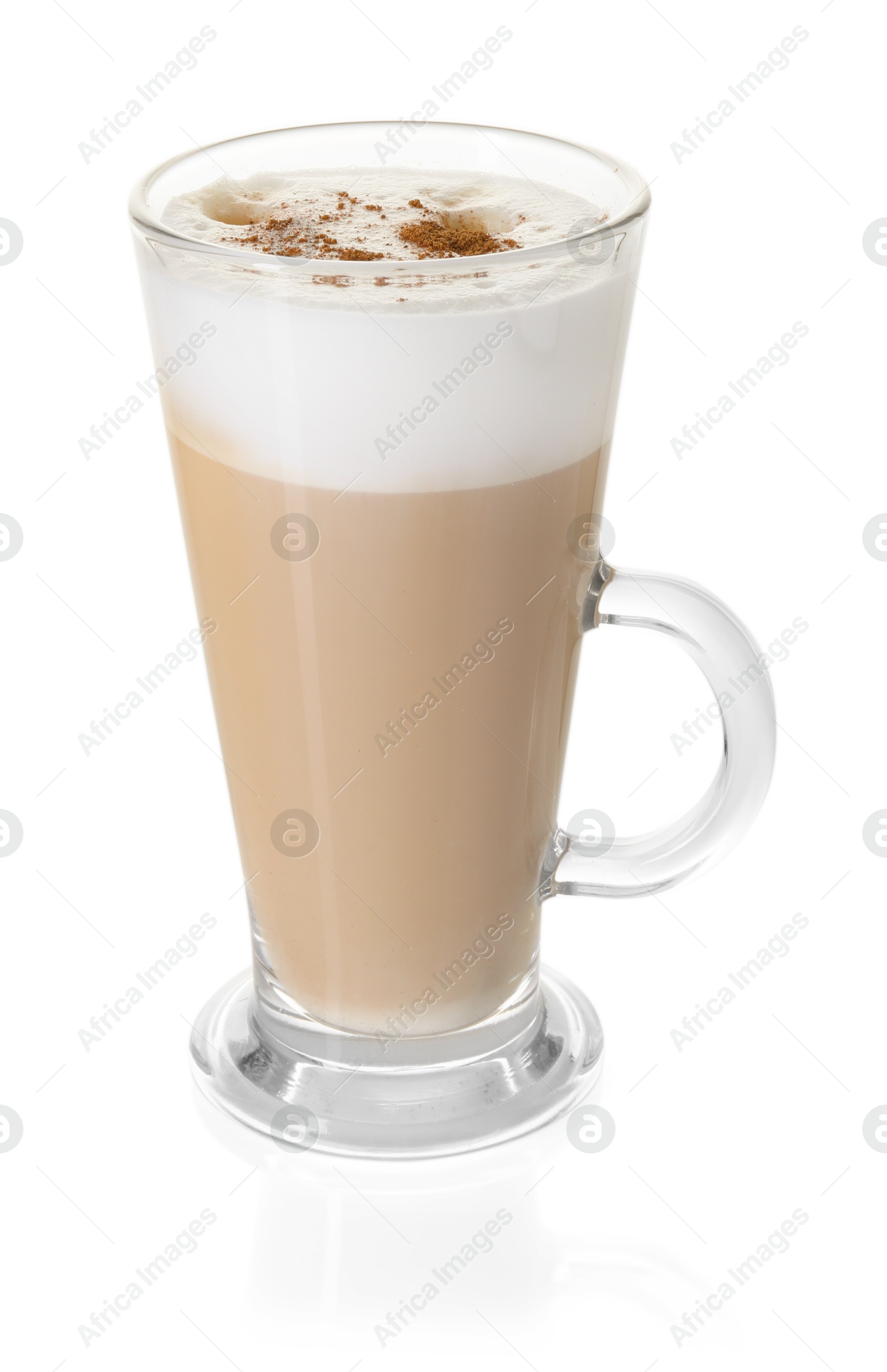 Photo of Tasty latte macchiato in glass cup isolated on white