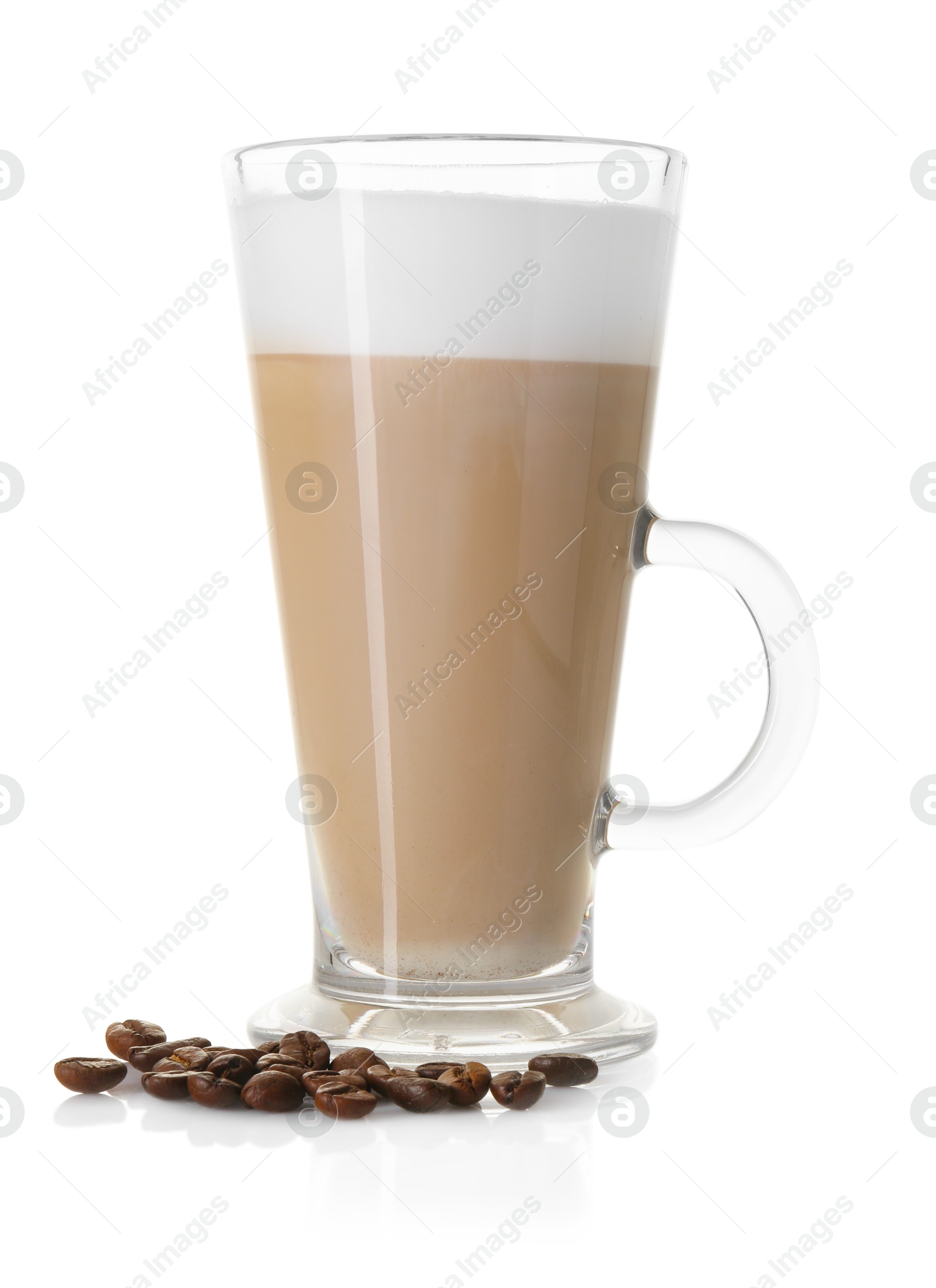 Photo of Tasty latte macchiato in glass cup and coffee beans isolated on white