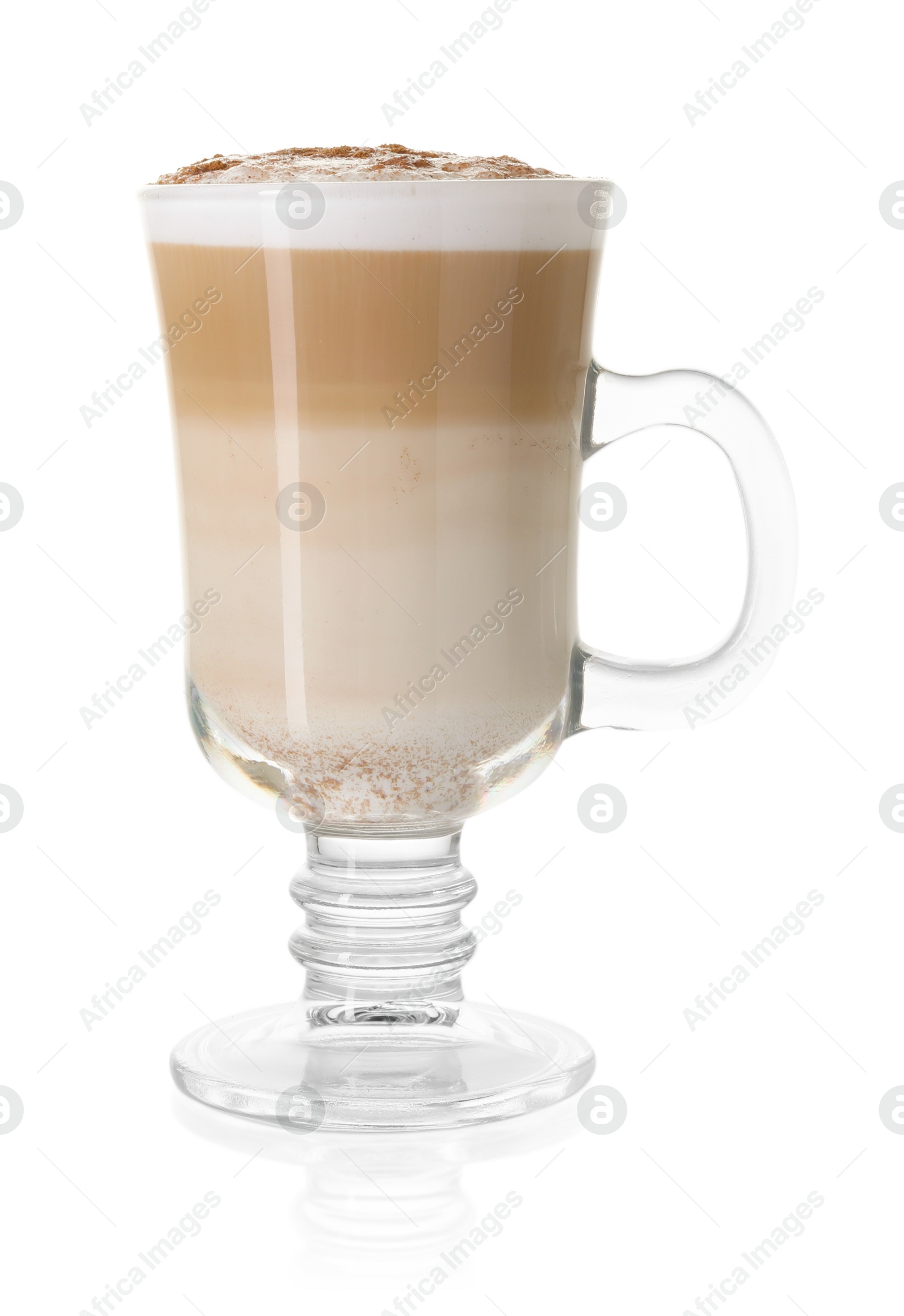 Photo of Tasty latte macchiato in glass cup isolated on white