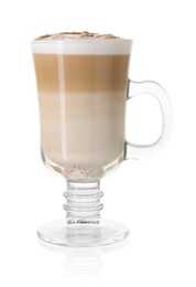 Photo of Tasty latte macchiato in glass cup isolated on white