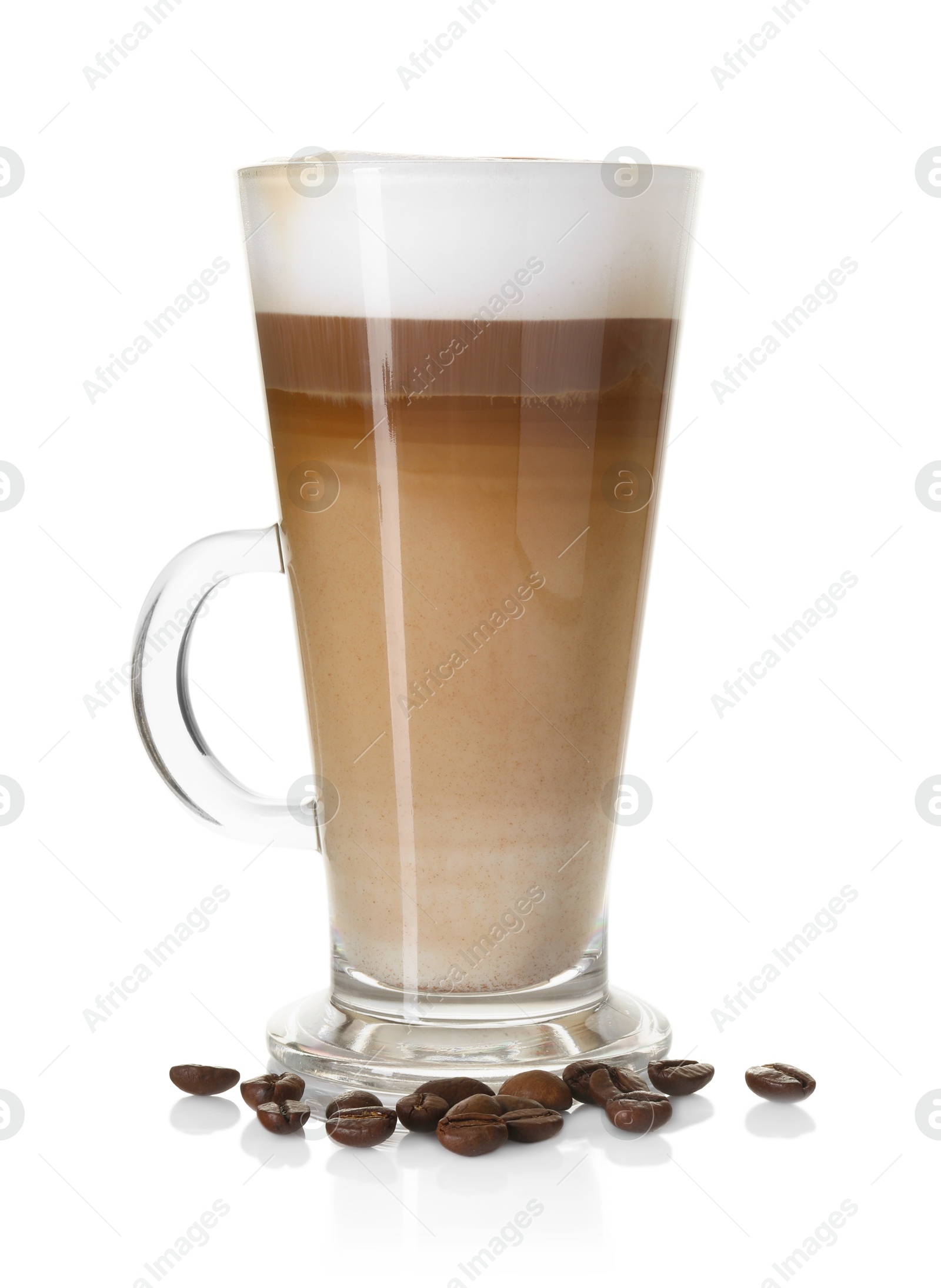 Photo of Tasty latte macchiato in glass cup and coffee beans isolated on white