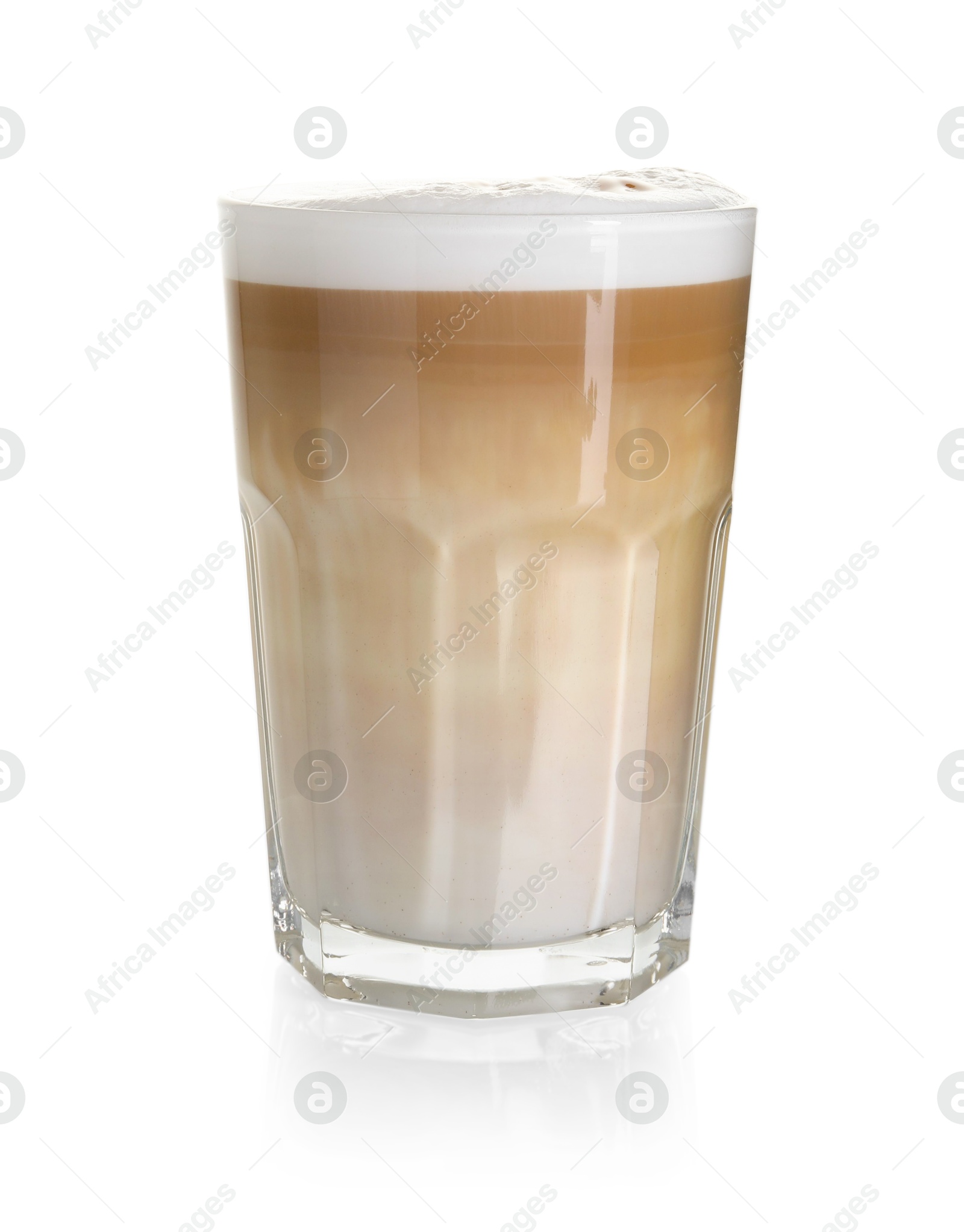 Photo of Tasty latte macchiato in glass isolated on white