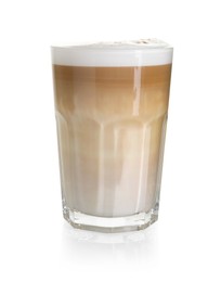 Photo of Tasty latte macchiato in glass isolated on white