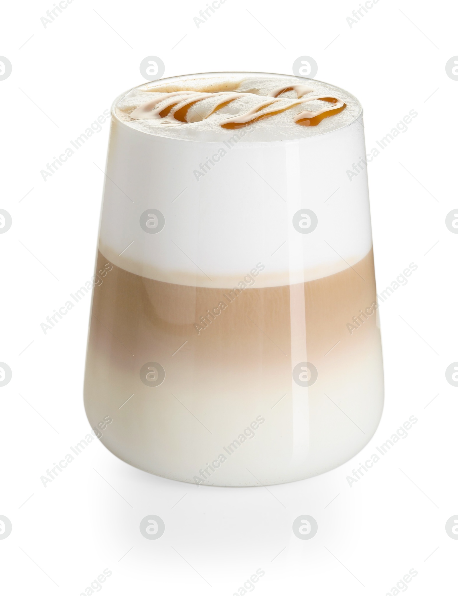 Photo of Tasty latte macchiato in glass isolated on white