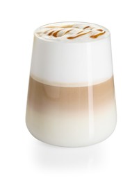 Photo of Tasty latte macchiato in glass isolated on white