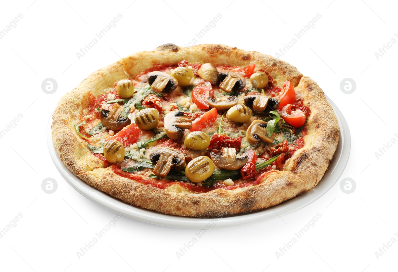 Photo of Tasty pizza with mushrooms, olives and arugula isolated on white