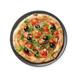 Tasty pizza with olives, tomatoes and arugula isolated on white, top view