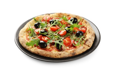 Photo of Tasty pizza with olives, tomatoes and arugula isolated on white