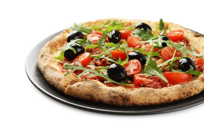 Tasty pizza with olives, tomatoes and arugula isolated on white