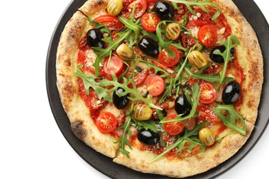 Photo of Tasty pizza with olives, tomatoes and arugula isolated on white, top view