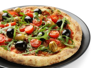 Tasty pizza with olives, tomatoes and arugula isolated on white