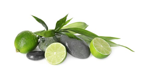 Photo of Spa composition with limes, massage stones and green leaves isolated on white