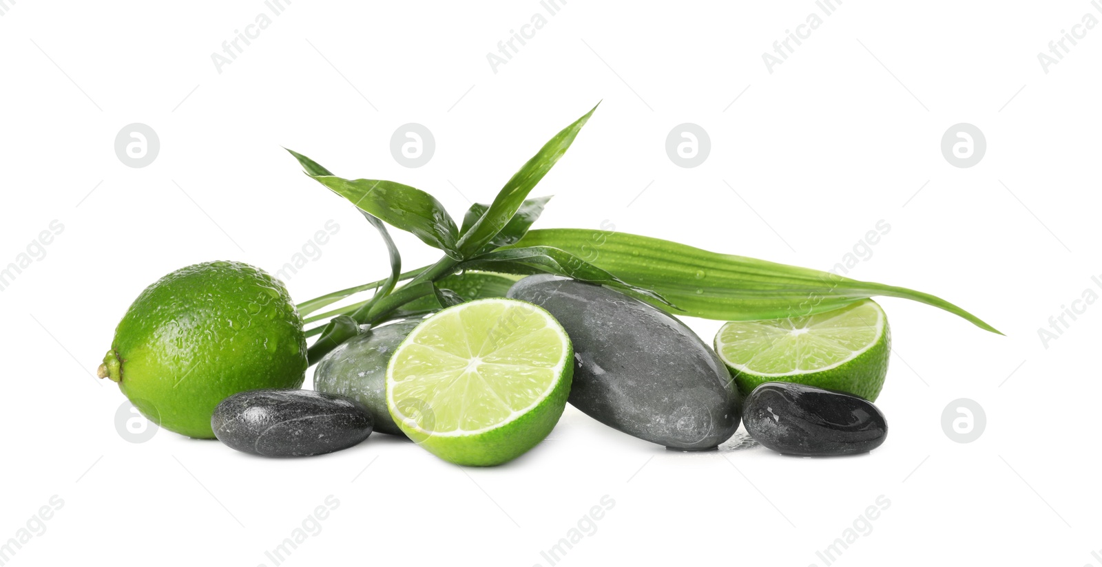 Spa composition with limes, massage stones and green leaves isolated on white Photo of Spa composition with limes, massage stones and green leaves isolated on white