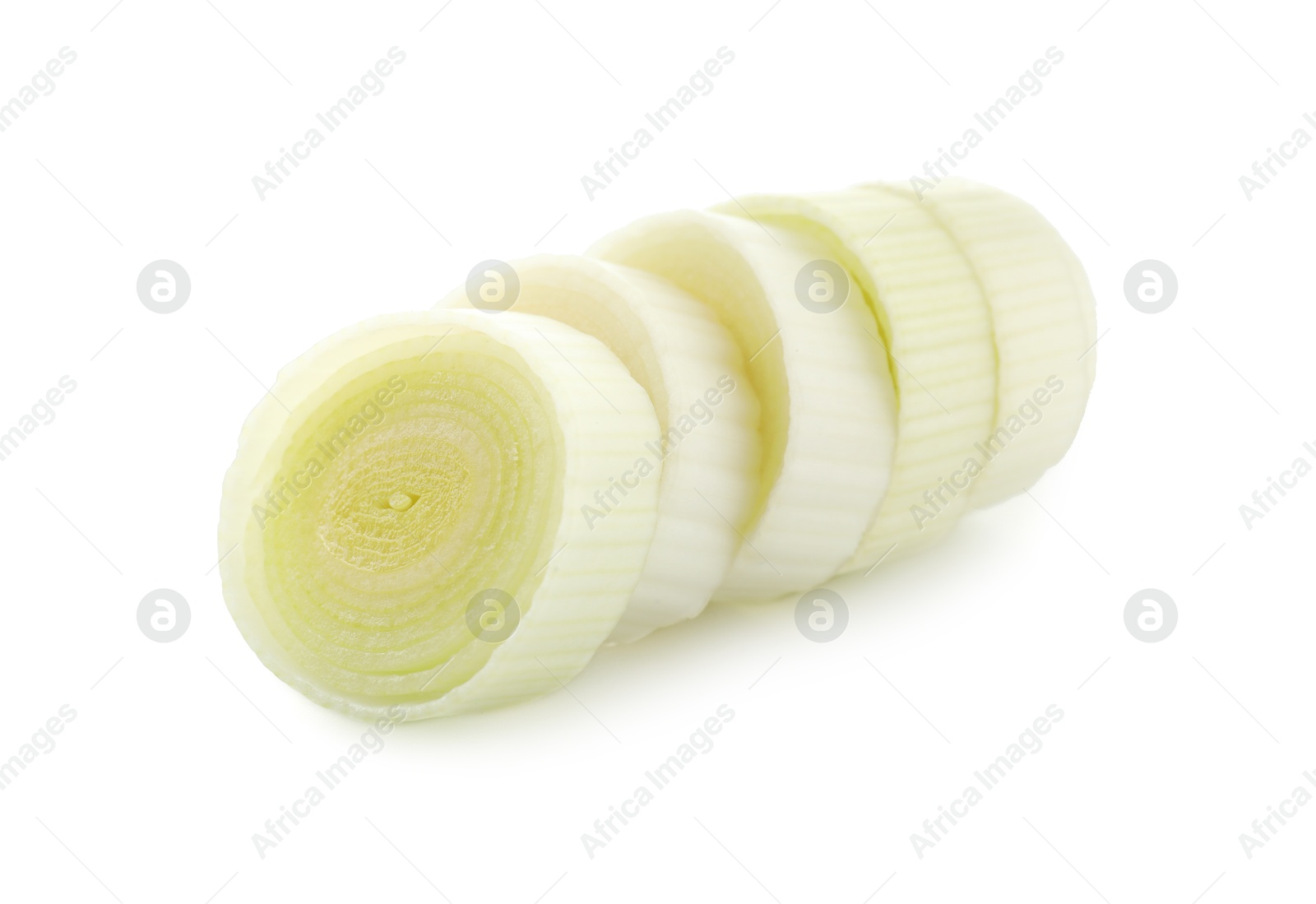 Photo of Pieces of chopped leek isolated on white