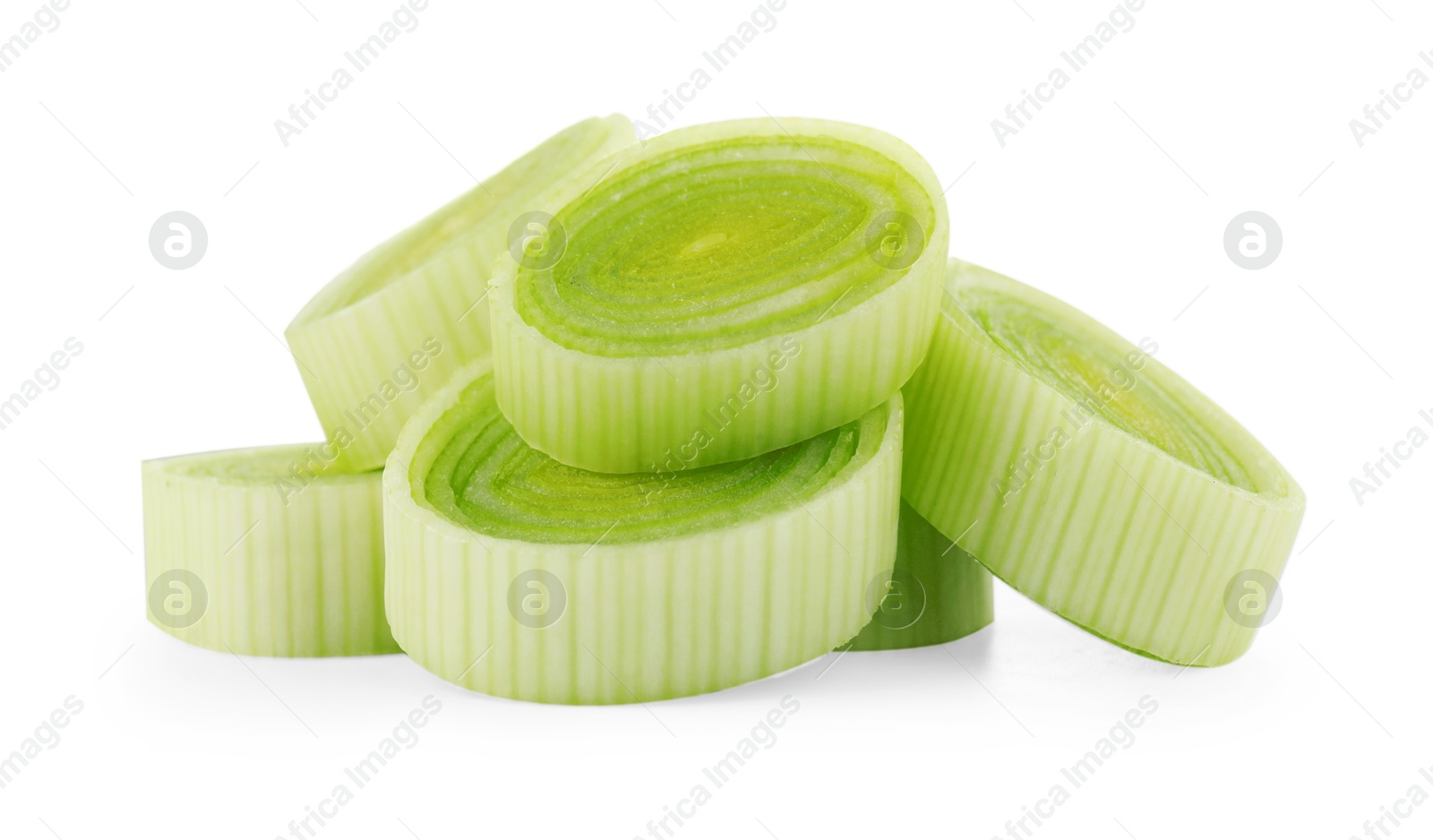 Photo of Pieces of chopped leek isolated on white