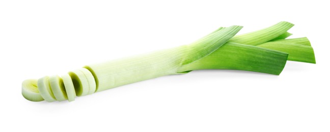 Photo of Fresh cut leek isolated on white. Spicy vegetable