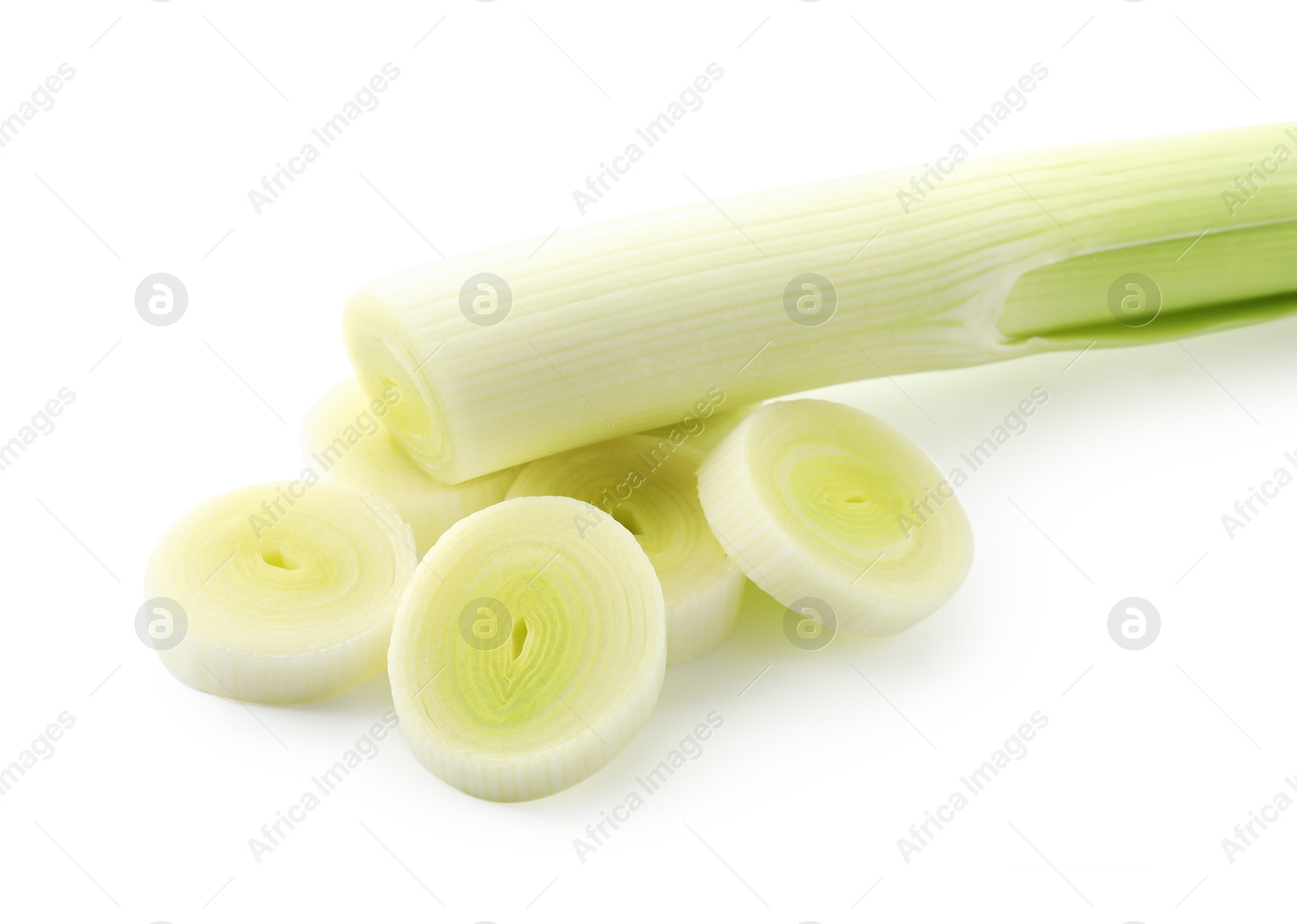 Photo of Whole and cut leeks isolated on white