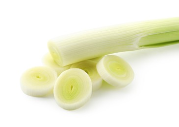 Photo of Whole and cut leeks isolated on white