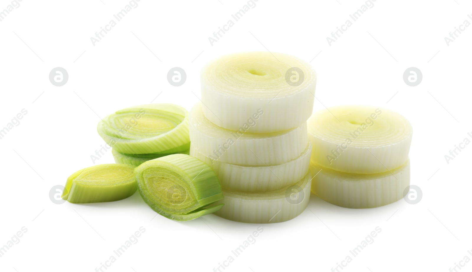 Photo of Chopped leek isolated on white. Fresh vegetable