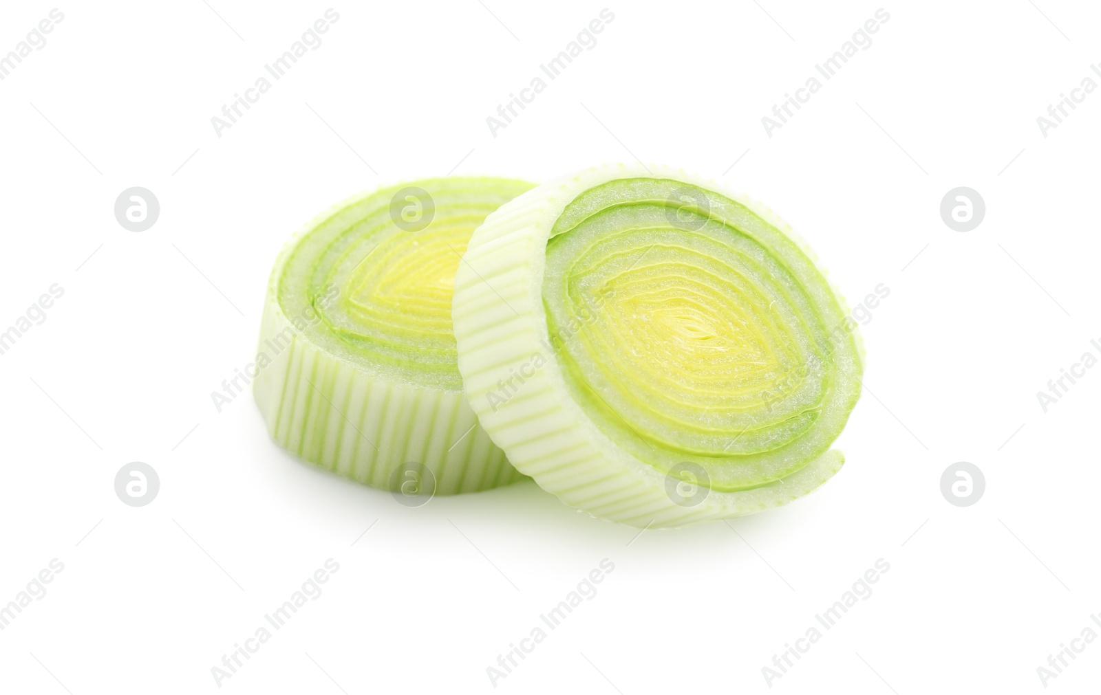 Photo of Pieces of fresh leeks isolated on white