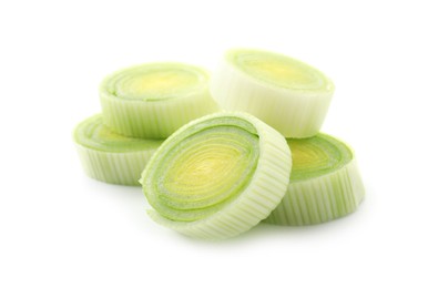 Photo of Pieces of fresh leeks isolated on white