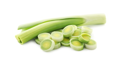 Photo of Whole and cut leeks isolated on white