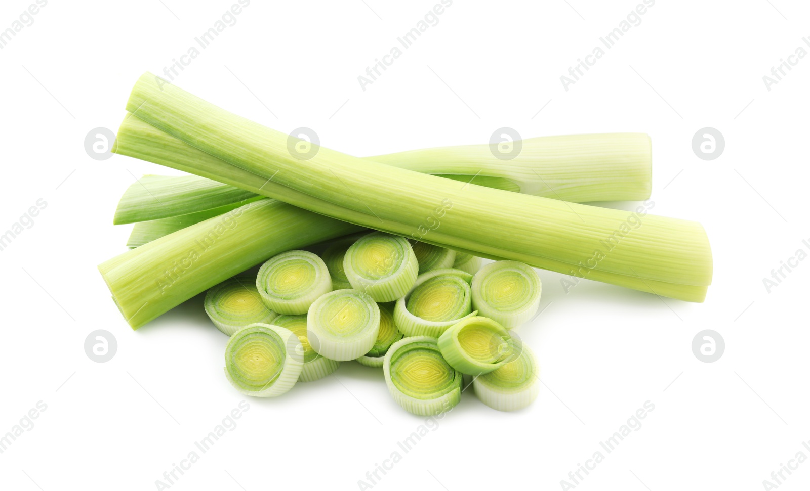 Photo of Whole and cut leeks isolated on white