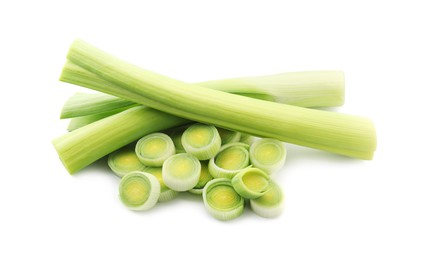 Photo of Whole and cut leeks isolated on white