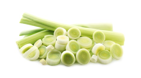 Photo of Whole and cut leeks isolated on white