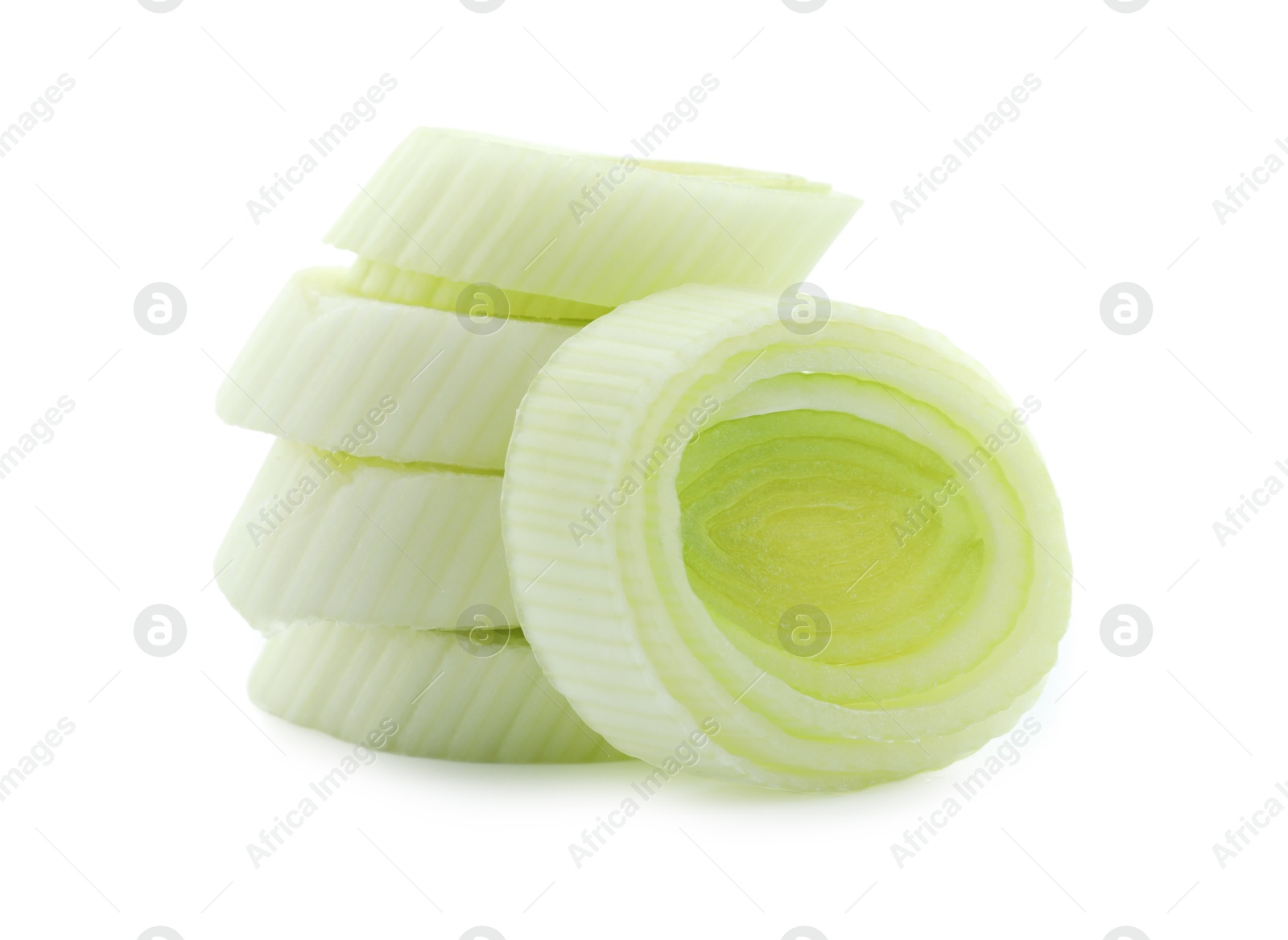 Photo of Pieces of fresh leek isolated on white