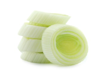 Photo of Pieces of fresh leek isolated on white