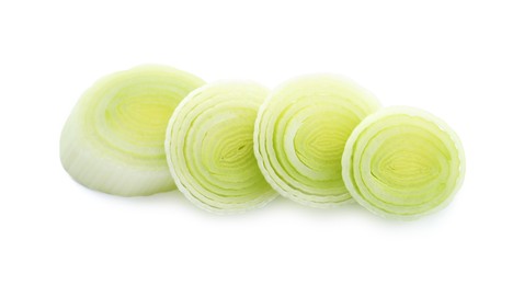 Photo of Pieces of fresh leek isolated on white