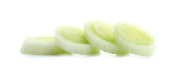 Photo of Pieces of fresh leek isolated on white