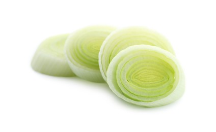 Photo of Pieces of fresh leek isolated on white